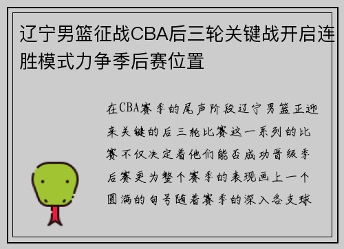 辽宁男篮征战CBA后三轮关键战开启连胜模式力争季后赛位置